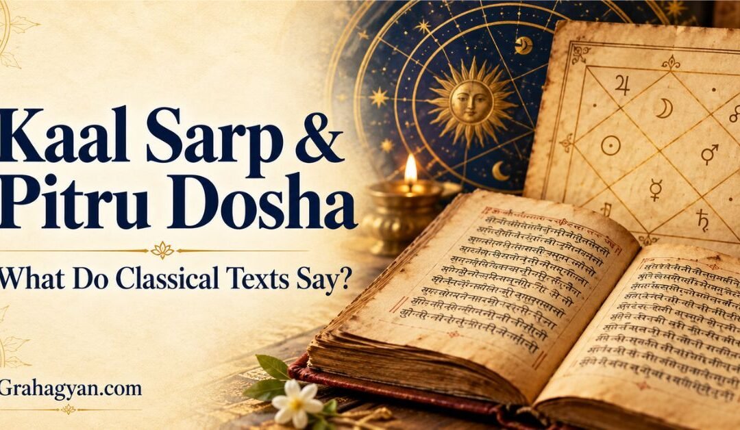Sanskrit manuscript beside a traditional astrology chart illustrating Kaal Sarp Dosha and Pitru Dosha