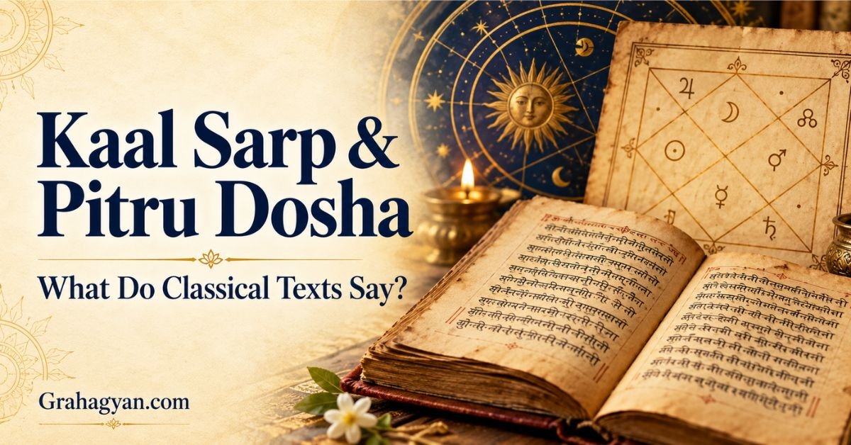 Sanskrit manuscript beside a traditional astrology chart illustrating Kaal Sarp Dosha and Pitru Dosha